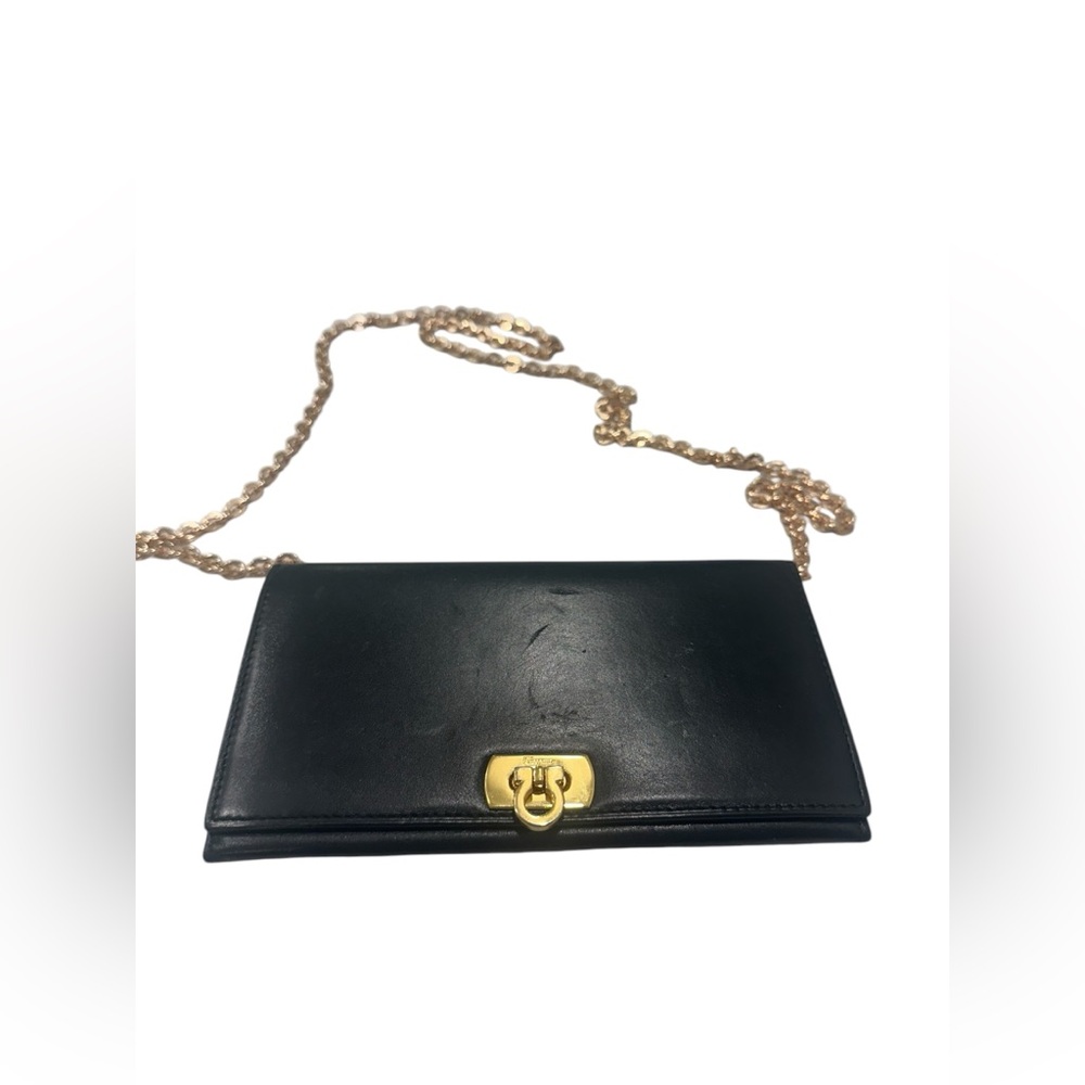 Authentic Salvatore Ferragamo Bifold Long Wallet on Chain Black Gold Gancini